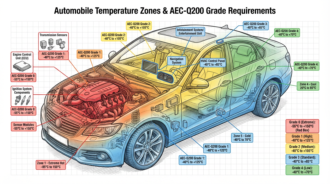 Cross-section diagram of an automobile showing the different temperature zones and corresponding AEC-Q200 grade requirements, with Grade 0 components highlighted in the engine bay area and Grade 3 components shown in the dashboard and infotainment system locations
